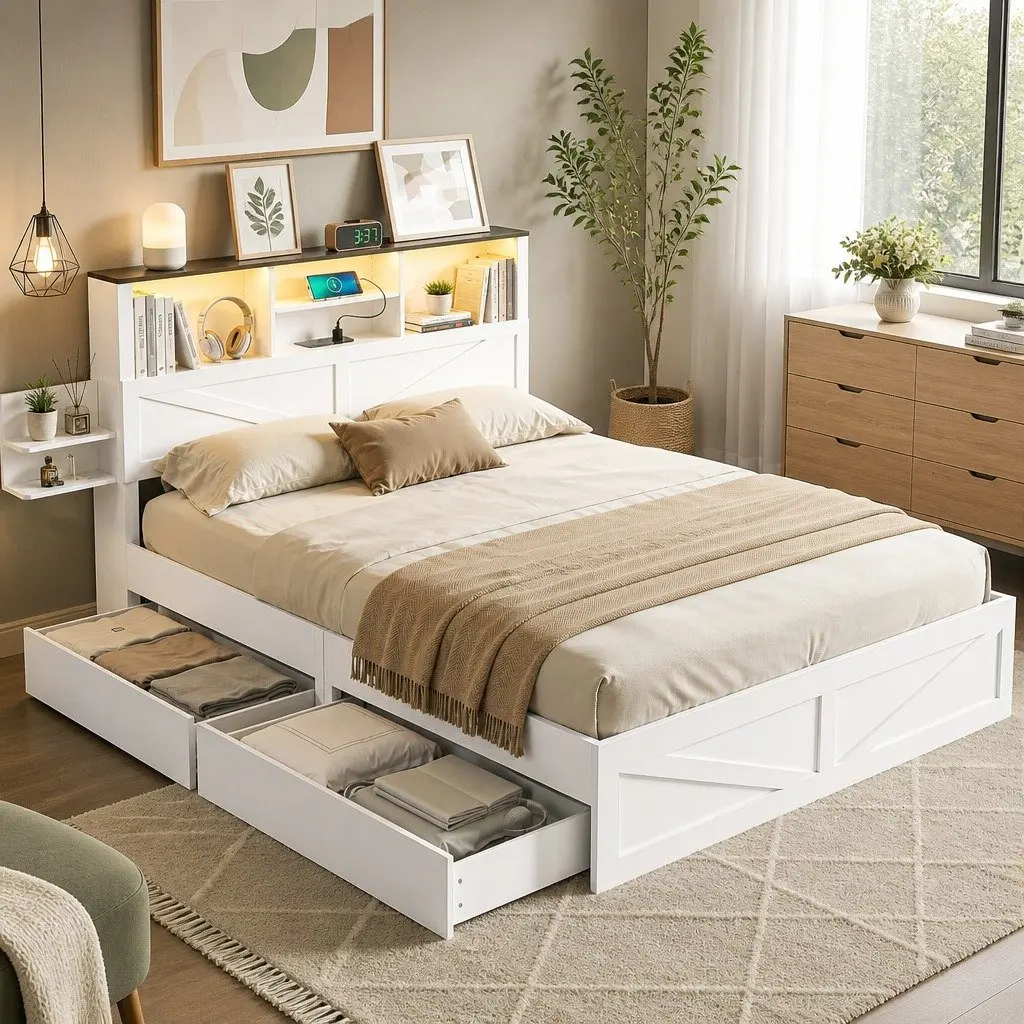 Double Bed Frame with Storage Drawers Bookcase Headboard Charging Station LED White 142cm W 206cm L 113cm H