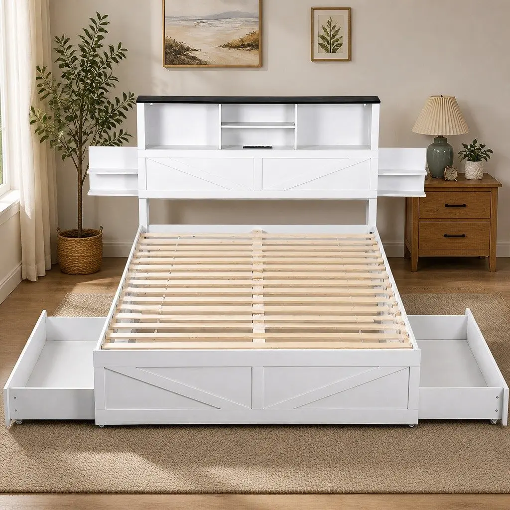 Double Bed Frame with Storage Drawers Bookcase Headboard Charging Station LED White 142cm W 206cm L 113cm H