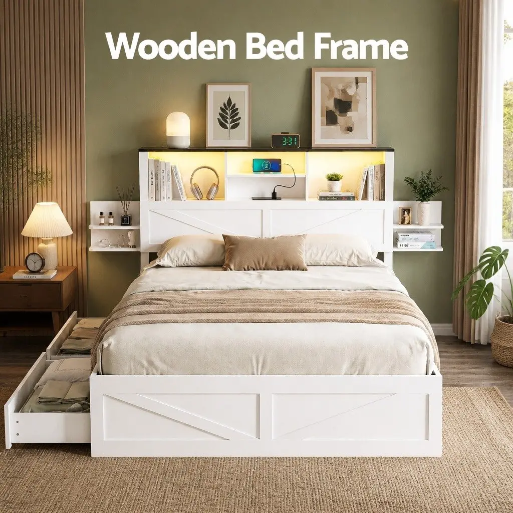 Double Bed Frame with Storage Drawers Bookcase Headboard Charging Station LED White 142cm W 206cm L 113cm H