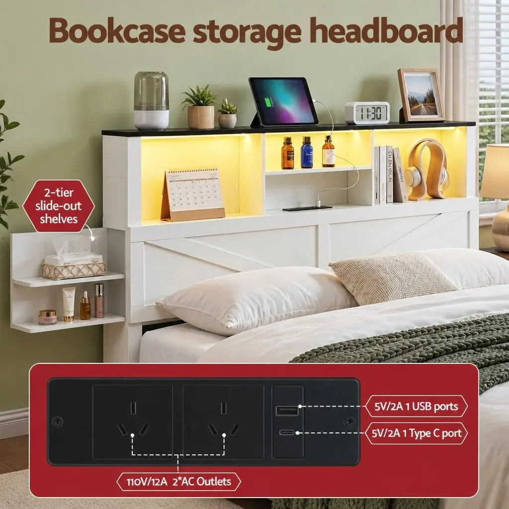 Double Bed Frame with Storage Drawers Bookcase Headboard Charging Station LED White 142cm W 206cm L 113cm H