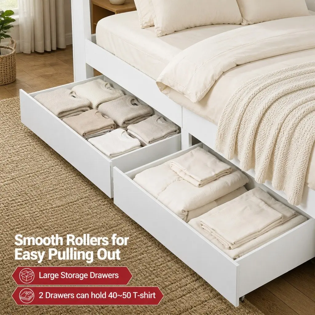 Double Bed Frame with Storage Drawers Bookcase Headboard Charging Station LED White 142cm W 206cm L 113cm H