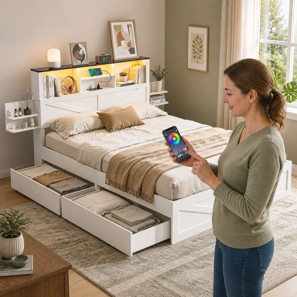 Double Bed Frame with Storage Drawers Bookcase Headboard Charging Station LED White 142cm W 206cm L 113cm H
