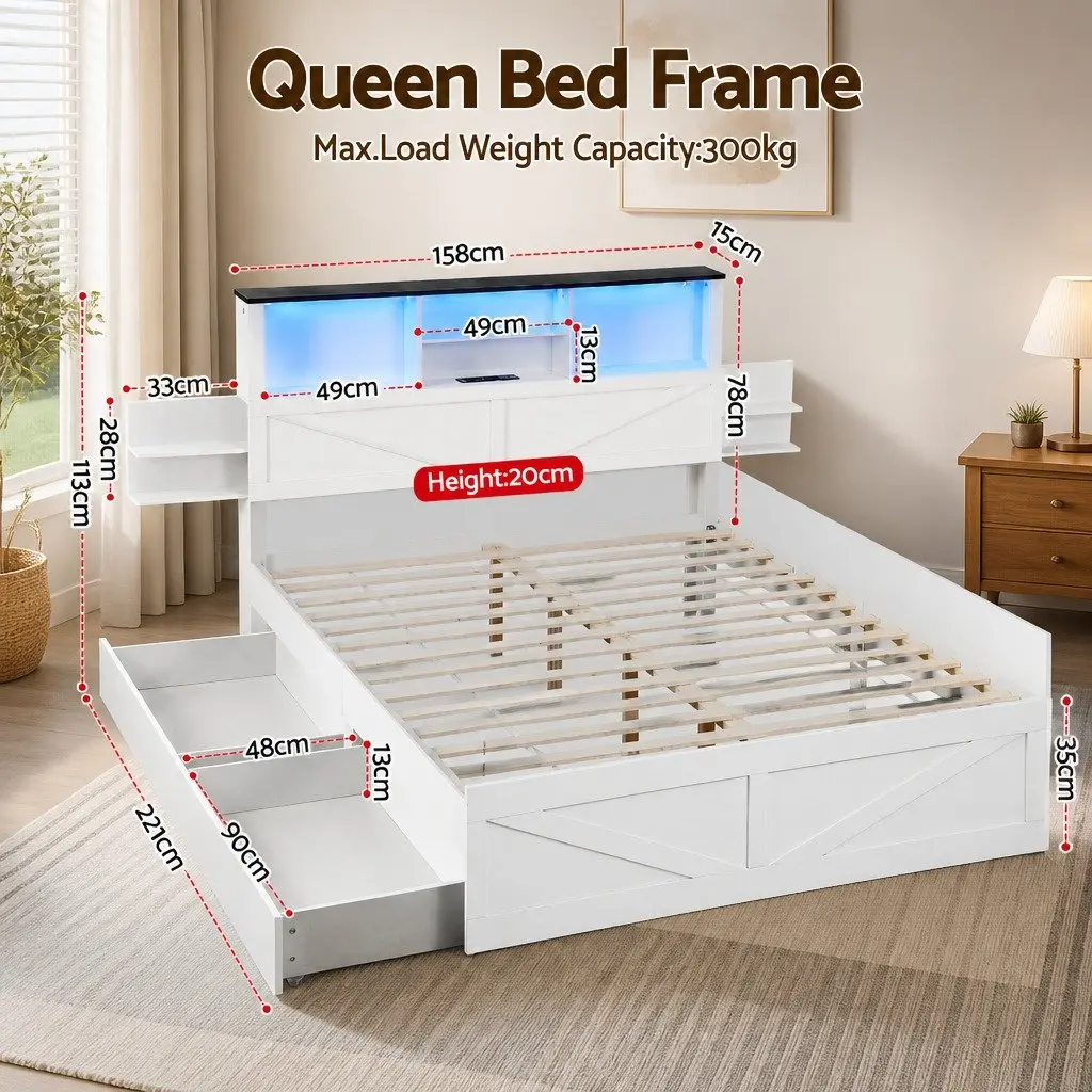Queen Bed Frame with Storage Drawers White Platform Bedframe Bookcase Headboard
