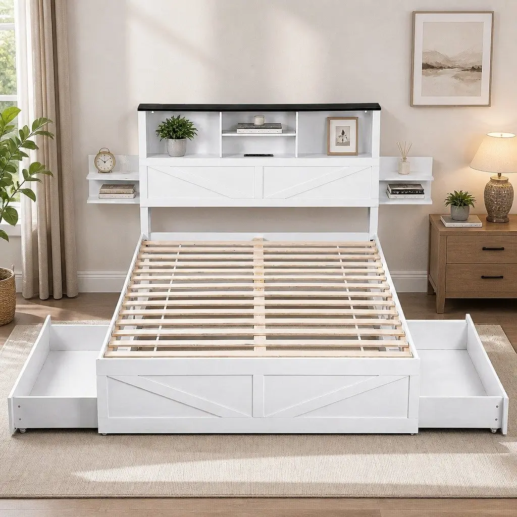 Queen Bed Frame with Storage Drawers White Platform Bedframe Bookcase Headboard