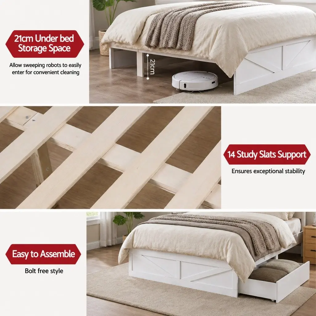 Queen Bed Frame with Storage Drawers White Platform Bedframe Bookcase Headboard