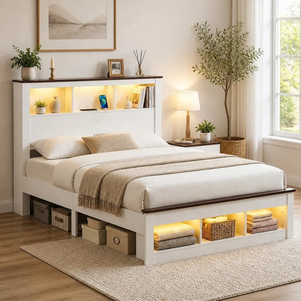 Double Bed Frame with Storage Bookcase Headboard Charging Station LED White 211cm x 143cm x 120cm