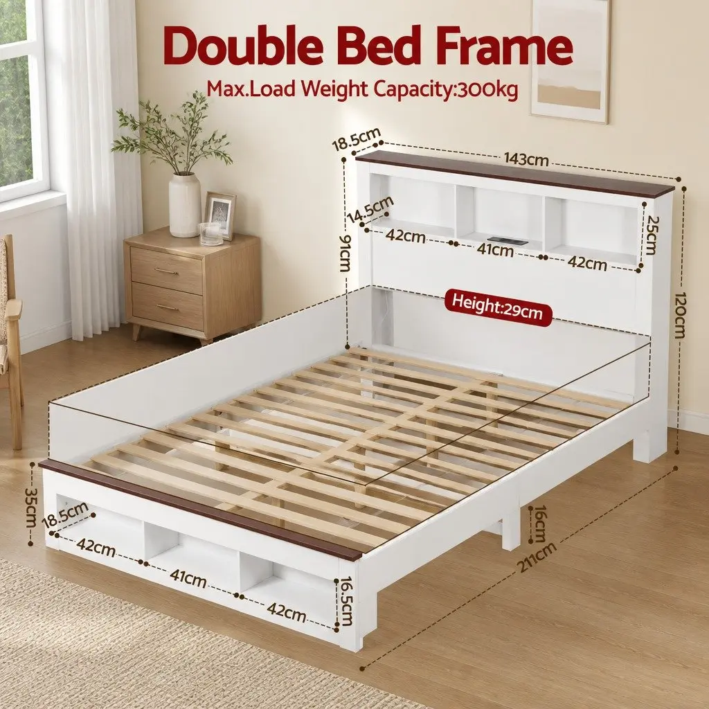 Double Bed Frame with Storage Bookcase Headboard Charging Station LED White 211cm x 143cm x 120cm