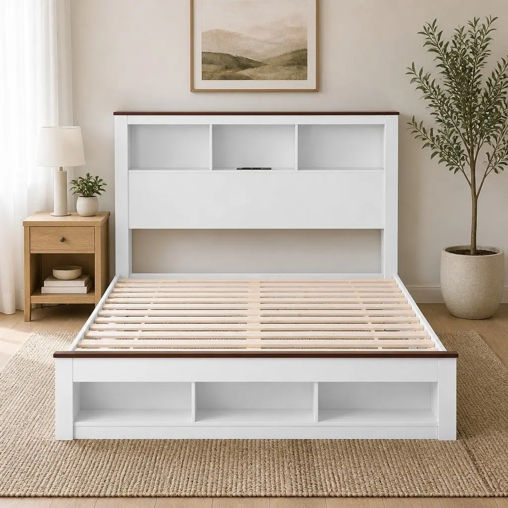 Double Bed Frame with Storage Bookcase Headboard Charging Station LED White 211cm x 143cm x 120cm