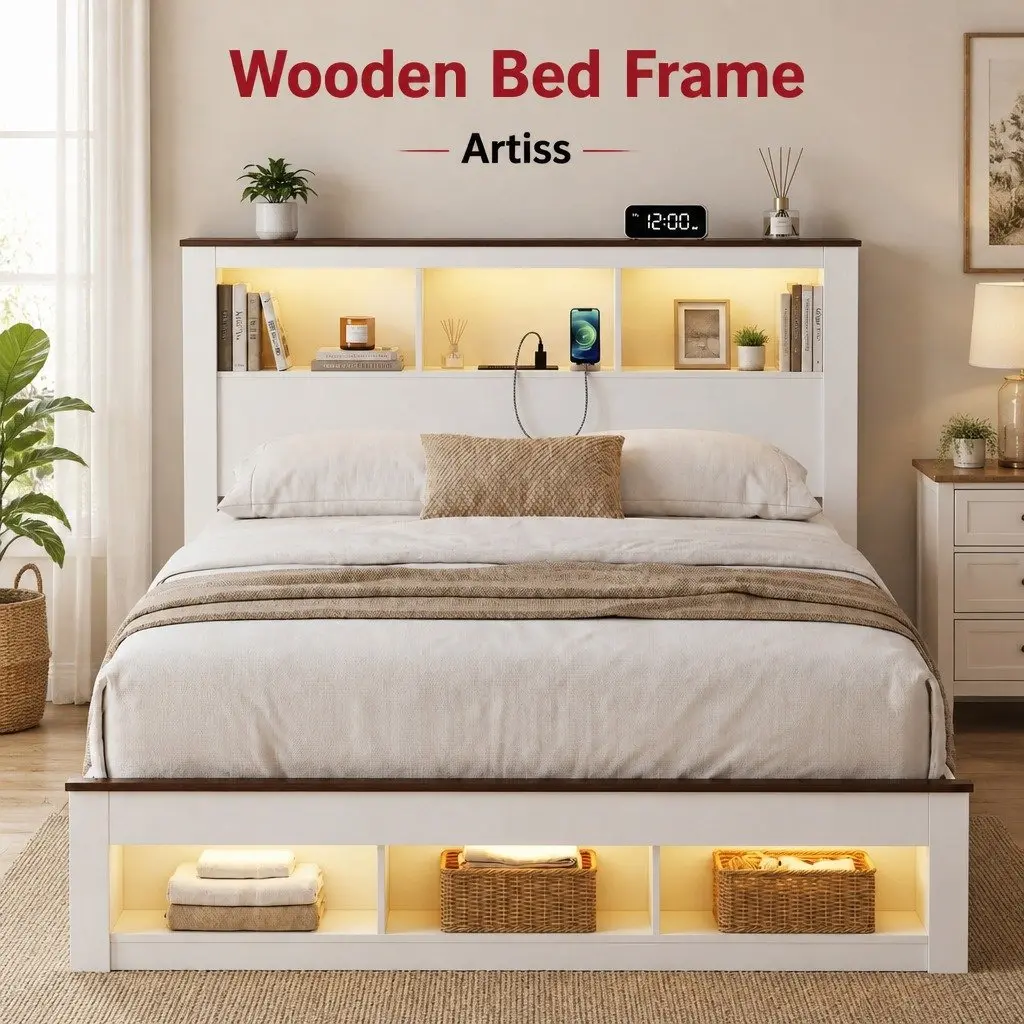 Double Bed Frame with Storage Bookcase Headboard Charging Station LED White 211cm x 143cm x 120cm