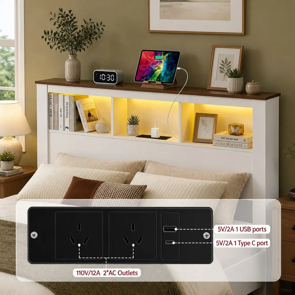 Double Bed Frame with Storage Bookcase Headboard Charging Station LED White 211cm x 143cm x 120cm