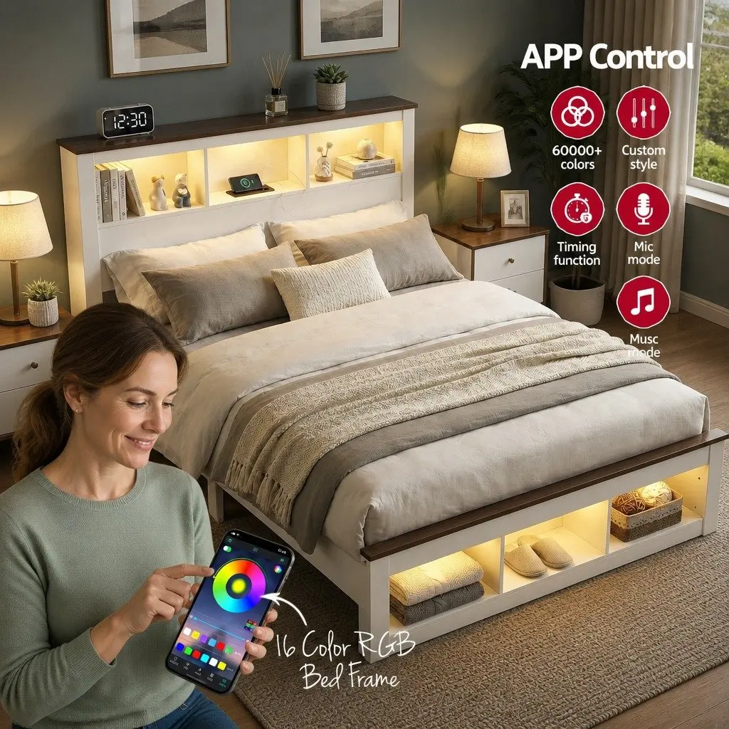 Double Bed Frame with Storage Bookcase Headboard Charging Station LED White 211cm x 143cm x 120cm