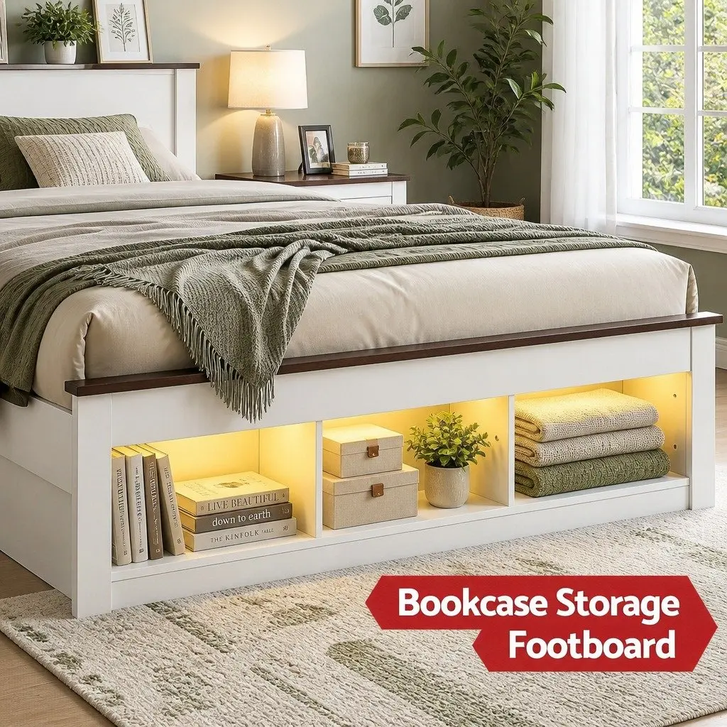 Double Bed Frame with Storage Bookcase Headboard Charging Station LED White 211cm x 143cm x 120cm