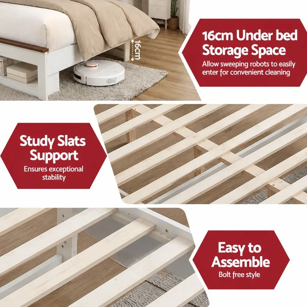 Double Bed Frame with Storage Bookcase Headboard Charging Station LED White 211cm x 143cm x 120cm