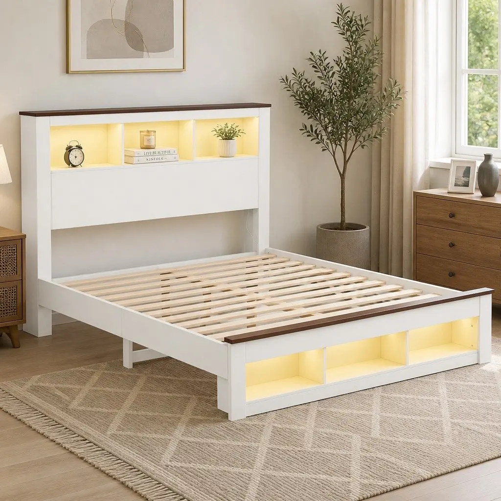 Double Bed Frame with Storage Bookcase Headboard Charging Station LED White 211cm x 143cm x 120cm