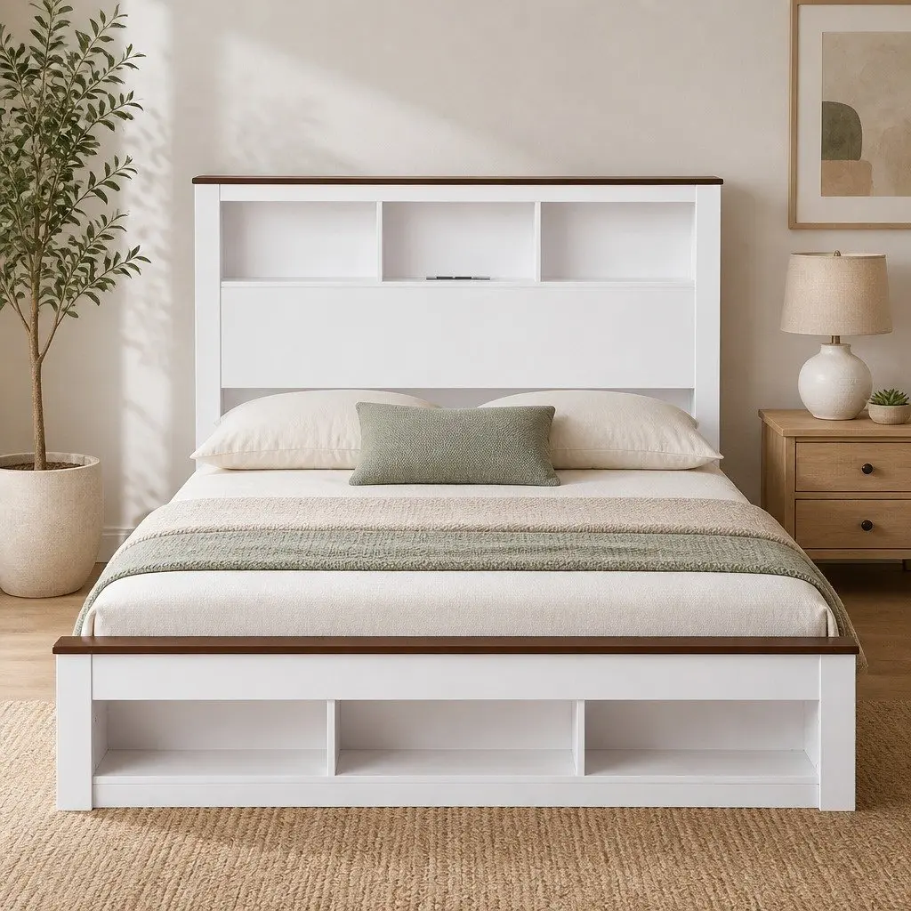 White Queen Bed Frame with Ample Storage