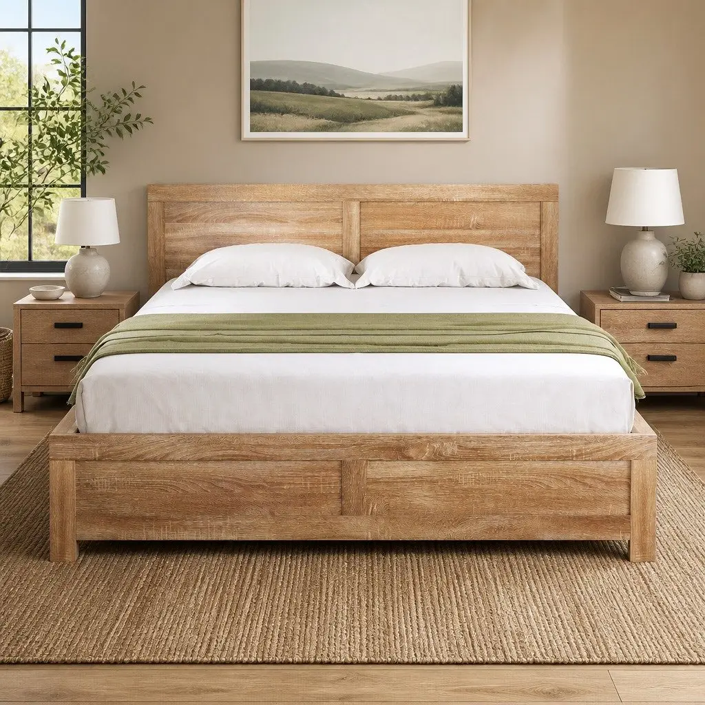 Double Bed Frame Wooden Slats Support Legs Headboard Modern Bedroom Furniture