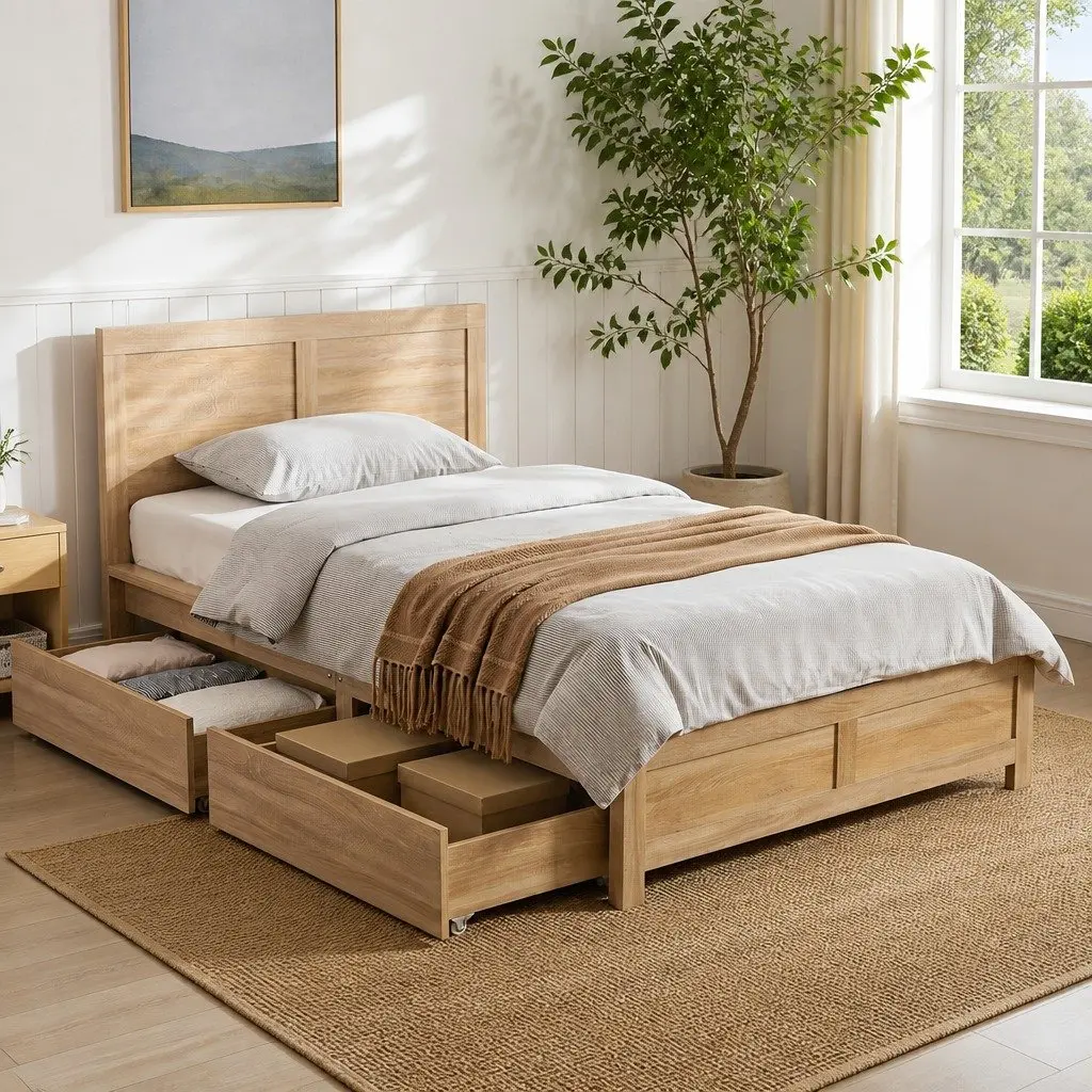 King Single Bed Frame with 2 Storage Drawers