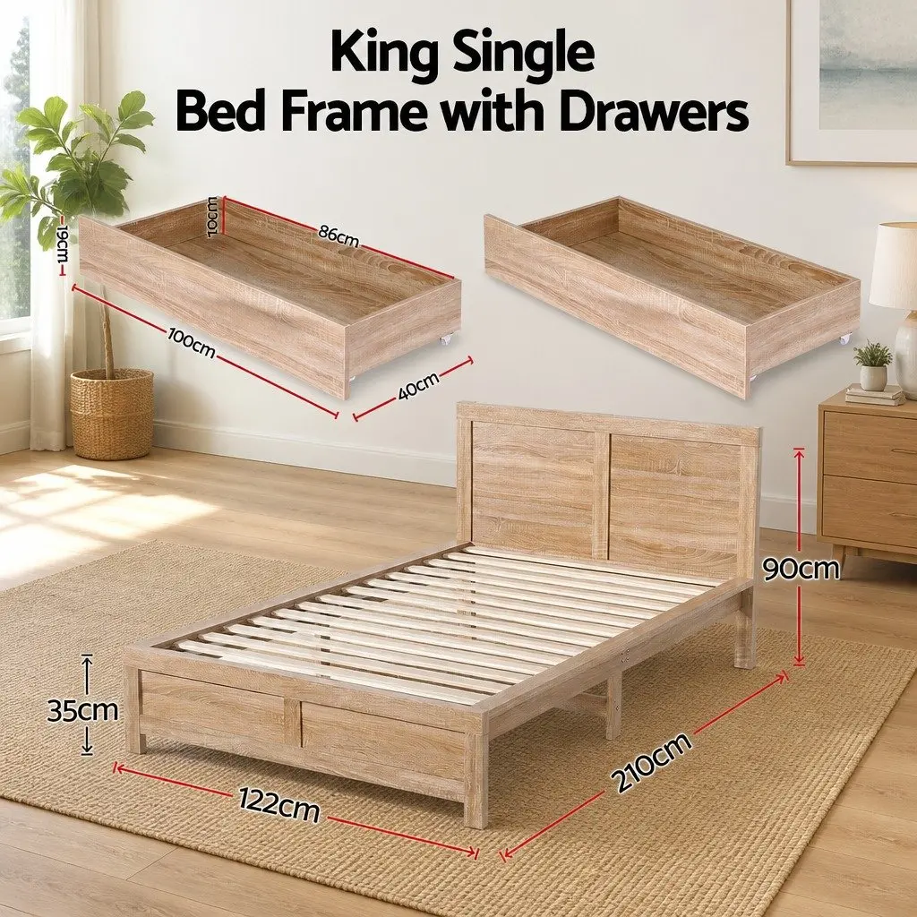 King Single Bed Frame with 2 Storage Drawers