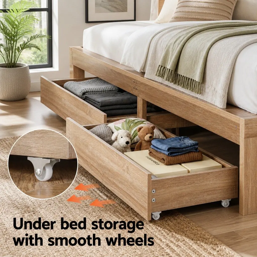 King Single Bed Frame with 2 Storage Drawers