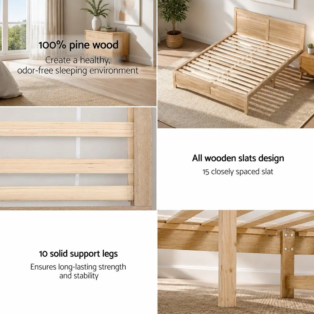Queen Size Wooden Bed Frame with Headboard Modern Bedroom Furniture Solid Pine