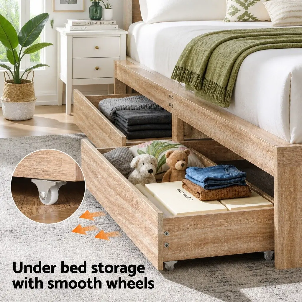 Queen Size Bed Frame with Storage Drawers Wooden Bedroom Furniture Slat Base