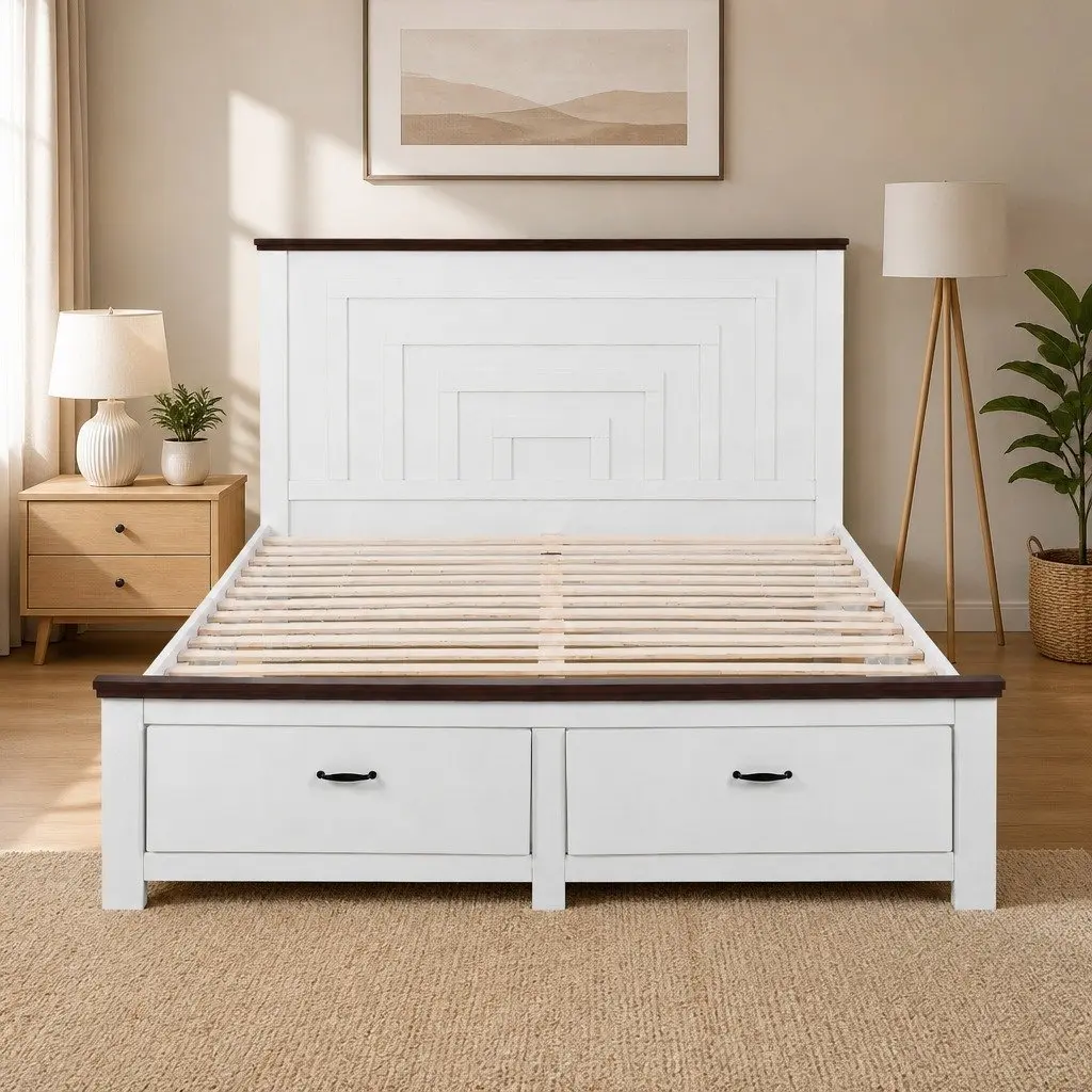 Double Bed Frame with Headboard Storage Drawers White Wooden Platform Bedroom
