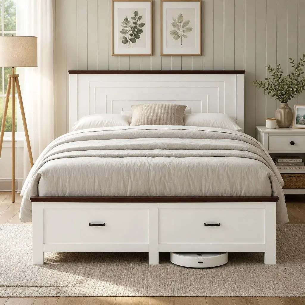 Double Bed Frame with Headboard Storage Drawers White Wooden Platform Bedroom