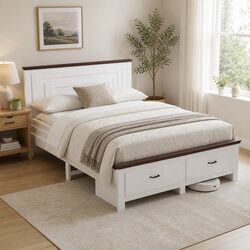 Queen Wooden Bed Frame 2 Storage Drawers 108cm Headboard Platform Bed White