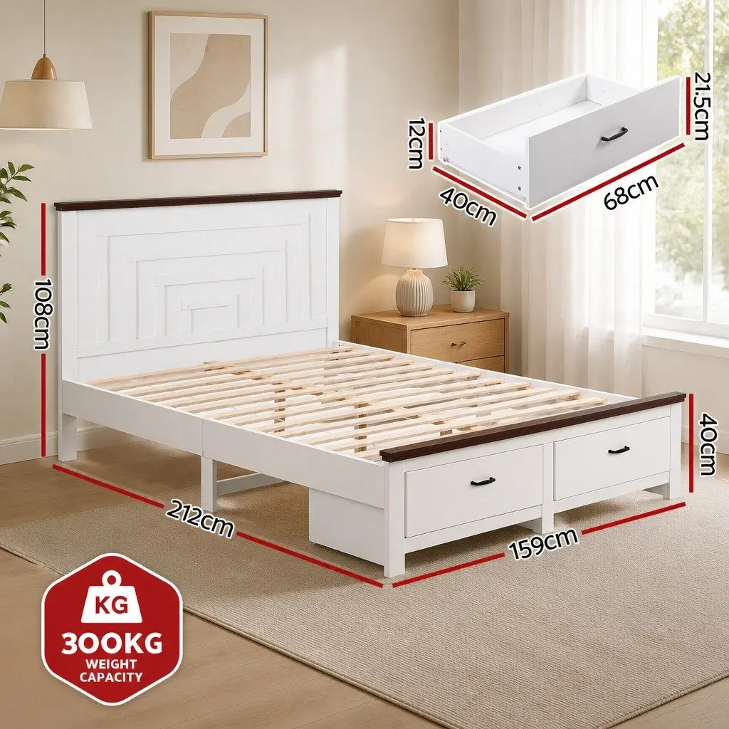 Queen Wooden Bed Frame 2 Storage Drawers 108cm Headboard Platform Bed White