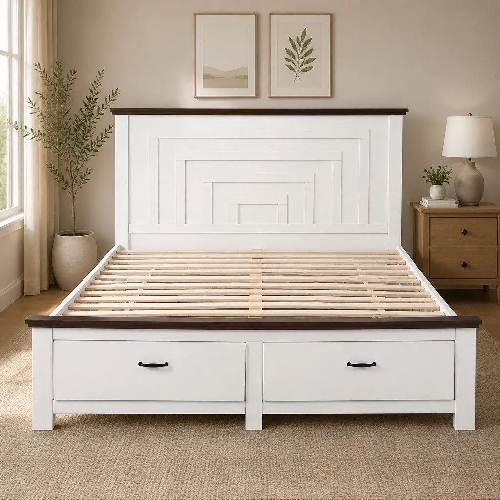 Queen Wooden Bed Frame 2 Storage Drawers 108cm Headboard Platform Bed White