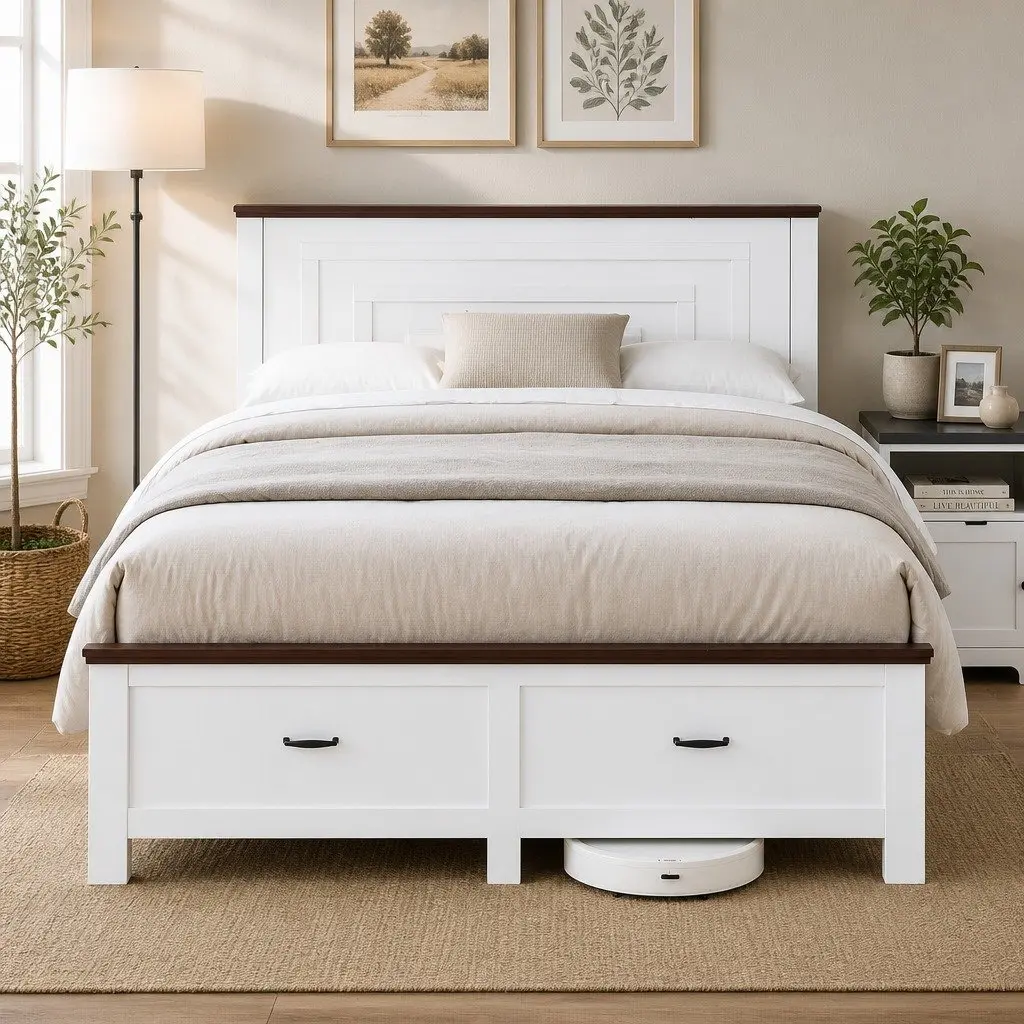 Queen Wooden Bed Frame 2 Storage Drawers 108cm Headboard Platform Bed White
