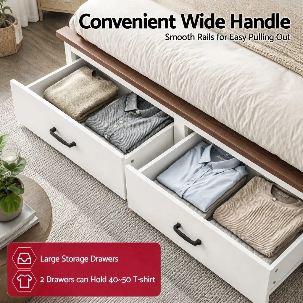 Queen Wooden Bed Frame 2 Storage Drawers 108cm Headboard Platform Bed White
