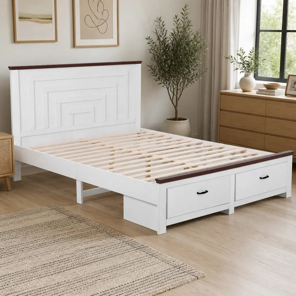 Queen Wooden Bed Frame 2 Storage Drawers 108cm Headboard Platform Bed White