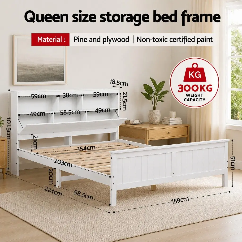 Queen Bed Frame with Storage Headboard and Footboard, Wooden Bed Base White