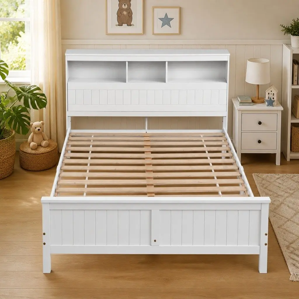 Queen Bed Frame with Storage Headboard and Footboard, Wooden Bed Base White