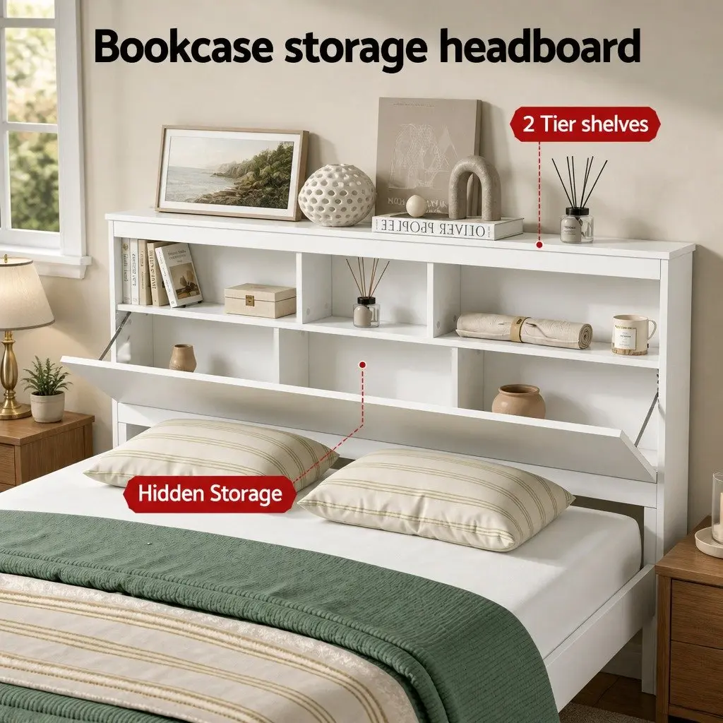 Queen Bed Frame with Storage Headboard and Footboard, Wooden Bed Base White