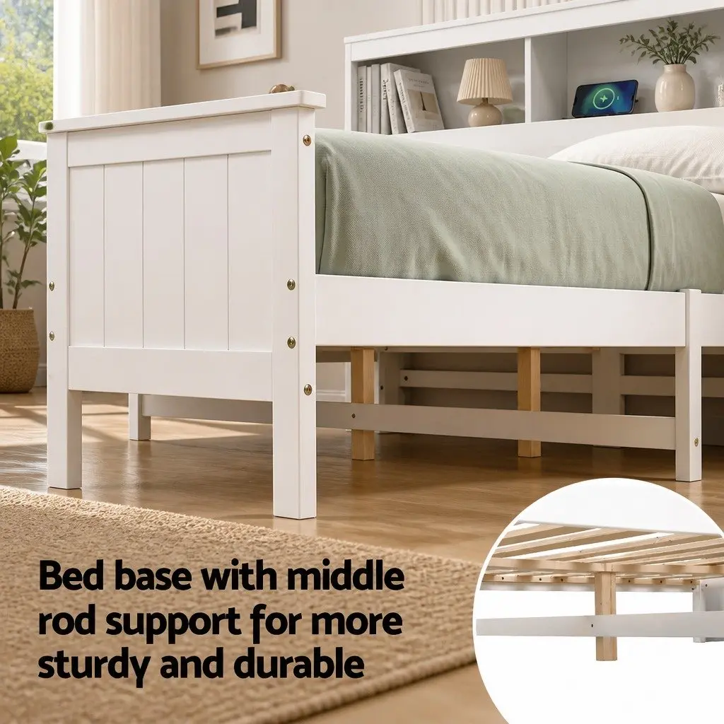 Queen Bed Frame with Storage Headboard and Footboard, Wooden Bed Base White