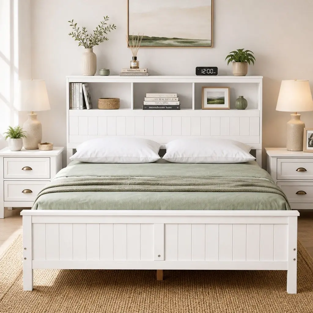 Queen Bed Frame with Storage Headboard and Footboard, Wooden Bed Base White