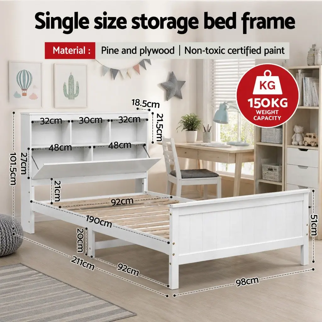 Single Bed Frame Storage Headboard Footboard Wooden Bed Base White