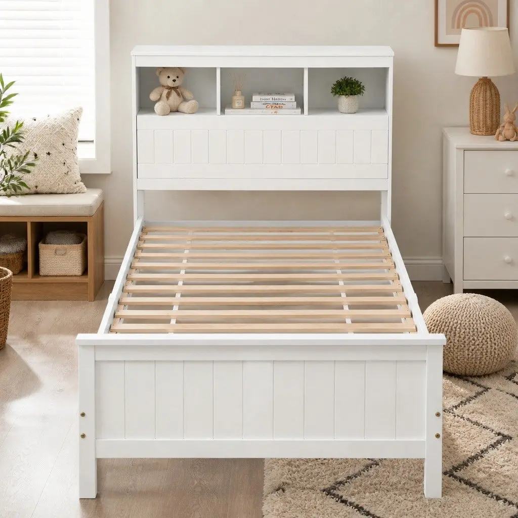 Single Bed Frame Storage Headboard Footboard Wooden Bed Base White