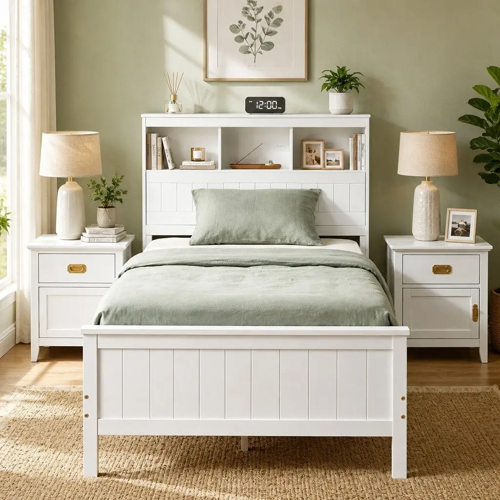 Single Bed Frame Storage Headboard Footboard Wooden Bed Base White