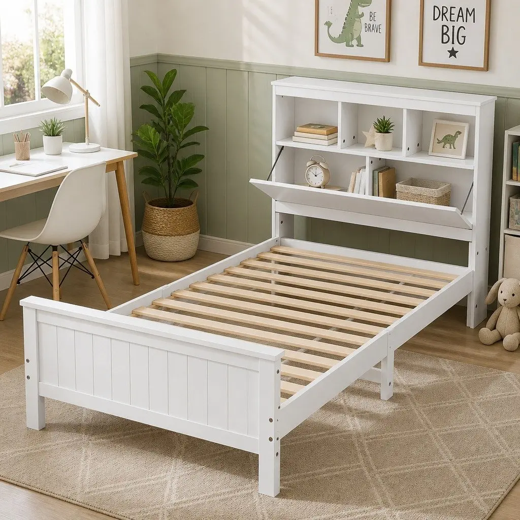 Single Bed Frame Storage Headboard Footboard Wooden Bed Base White