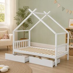 Kids Single Bed Frame House Design White Wooden with 2 Storage Drawers