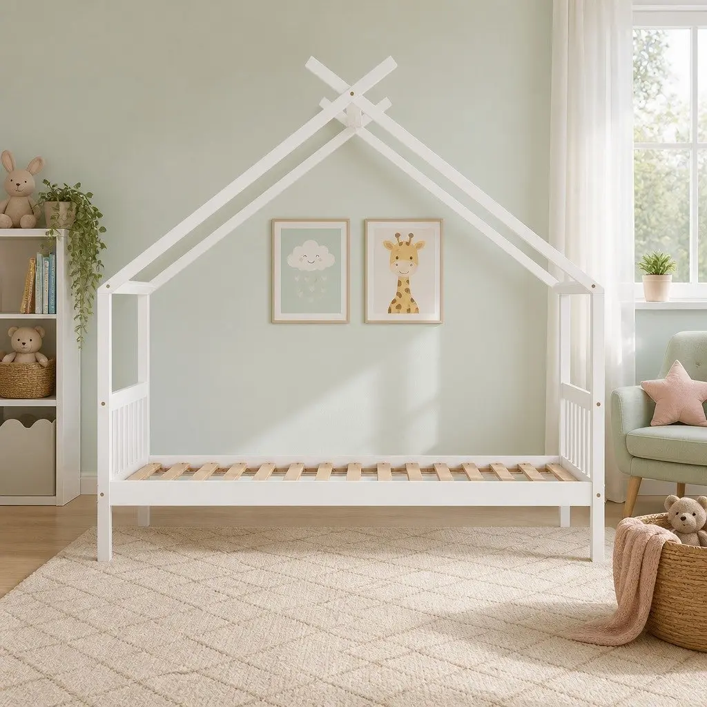 Kids Single Bed Frame House Design White Wooden with 2 Storage Drawers