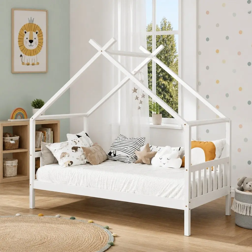 Kids Single House Bed Frame Wooden Base Timber Playhouse White Bedroom Furniture