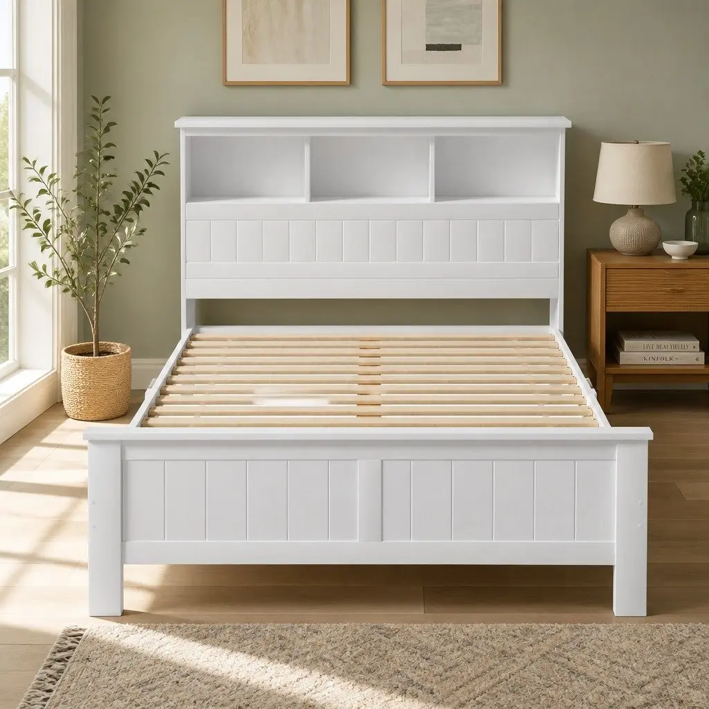 Double Bed Frame with 3 Storage Shelves Headboard White Wooden Bedroom Bed