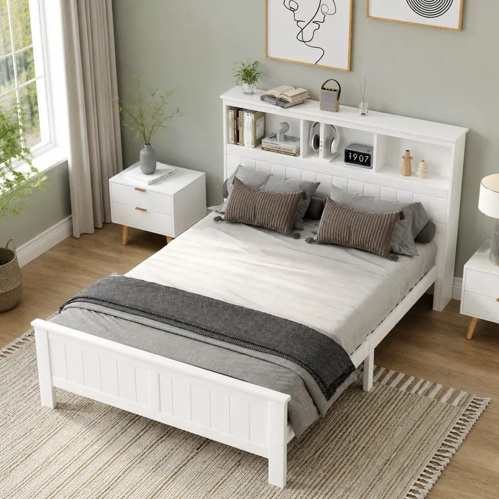 Double Bed Frame with 3 Storage Shelves Headboard White Wooden Bedroom Bed
