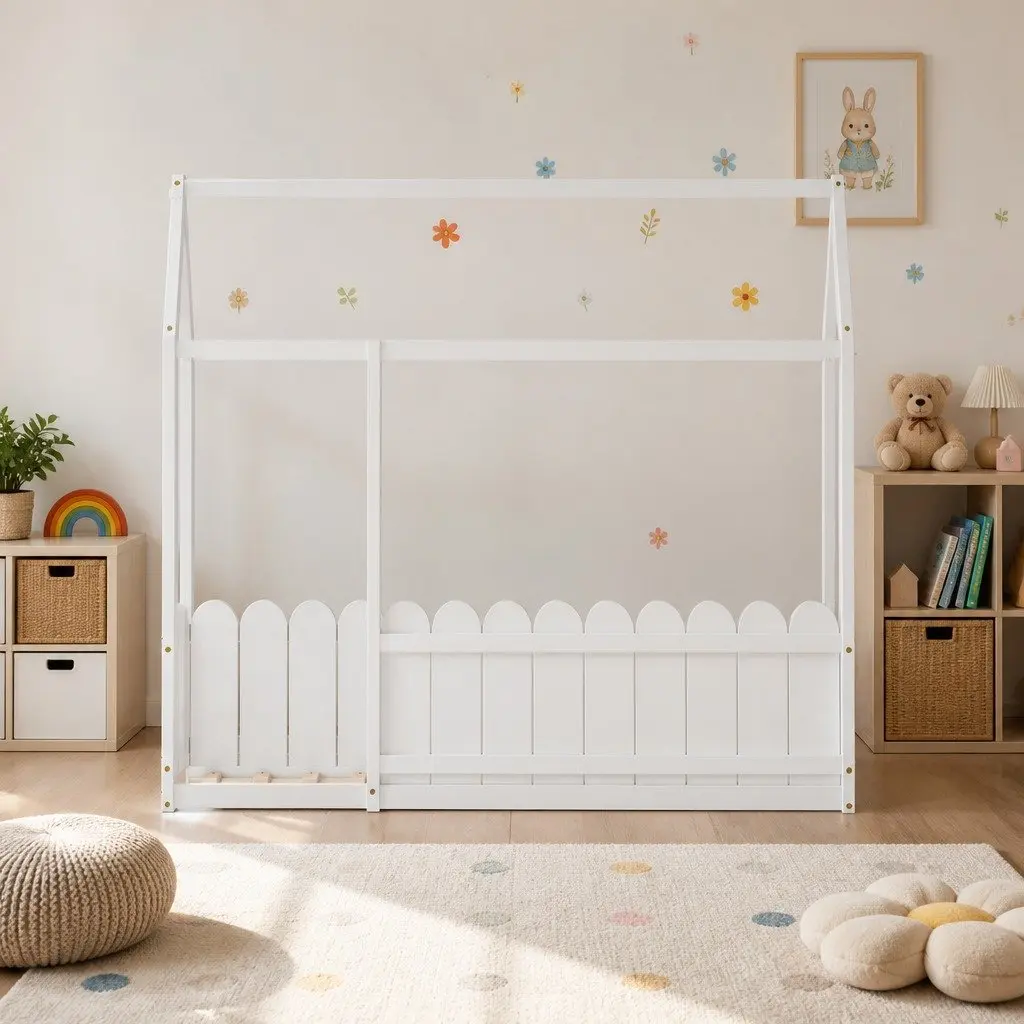 White Wooden Kids Bed Frame for Safety