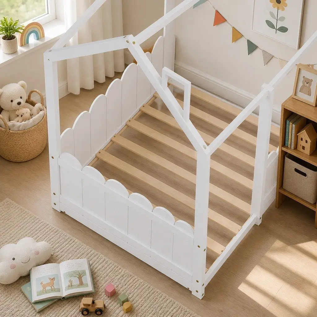 Kids House Bed Frame Single White Wooden Bedroom Furniture with Sturdy