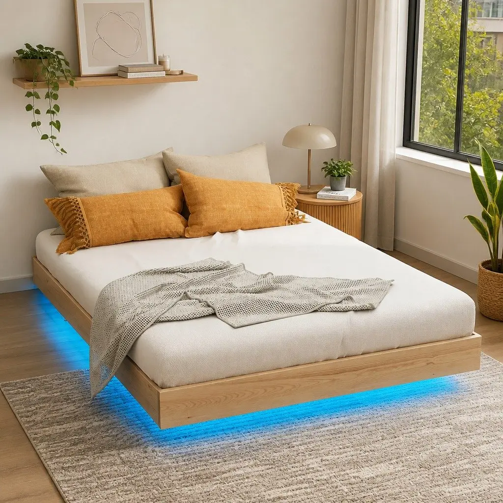 Double Bed Frame with LED Lighting in Pinewood